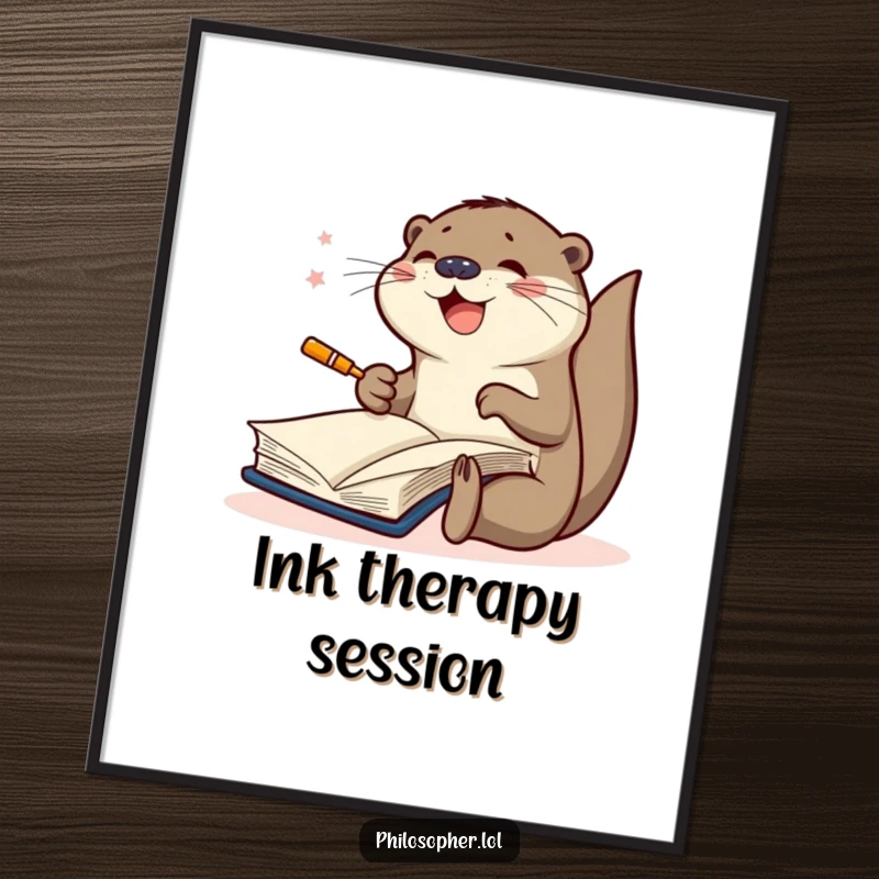 Funny poster print of a joyful otter furiously scribbling in a large open book, capturing intense focus and artistic creation.