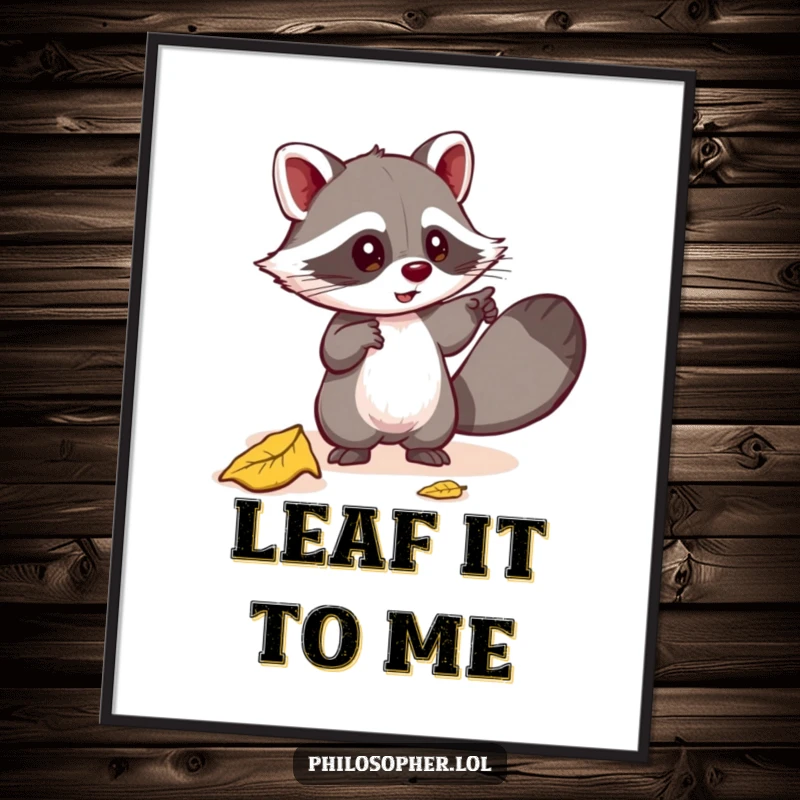 Funny poster of a mischievous raccoon pointing excitedly at a fallen leaf, embarking on a humorous quest for deeper meaning. Art.