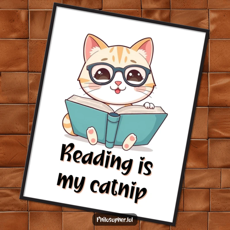 Funny poster of a smiling cat wearing spectacles, diligently reading a large book, representing wisdom and learning.