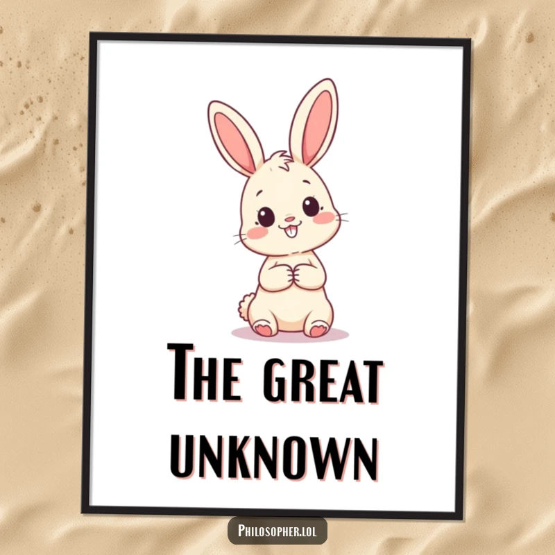 Funny poster print of a happy bunny looking up at a large question mark, evoking feelings of curiosity, wonder, and whimsical contemplation.