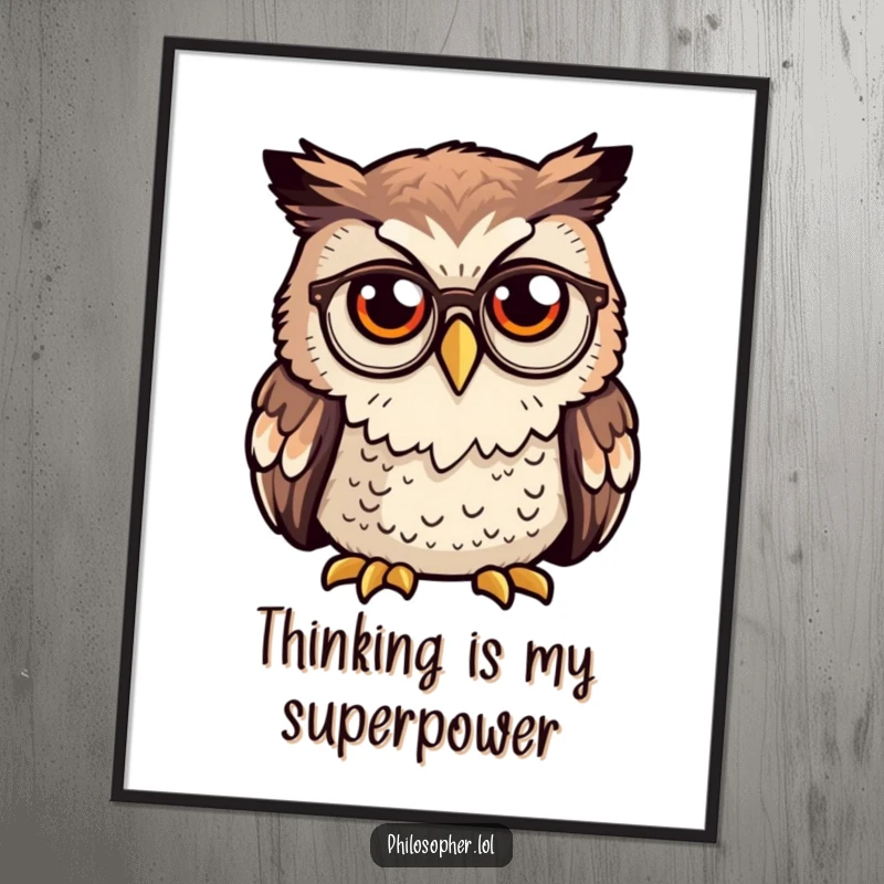 Funny owl poster, curious owl with tiny spectacles deep in thought, intellectual wall art, wise bird graphic.