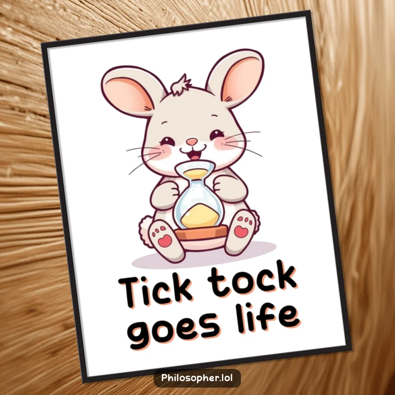 Funny Poster: Whimsical artwork of a bouncing bunny fixated on a tiny hourglass, adding humorous charm to any wall space.