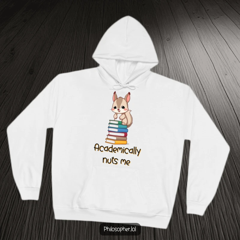 Funny hoodie depicting a mischievous squirrel teetering precariously atop a large stack of books, offering warmth and a chuckle.