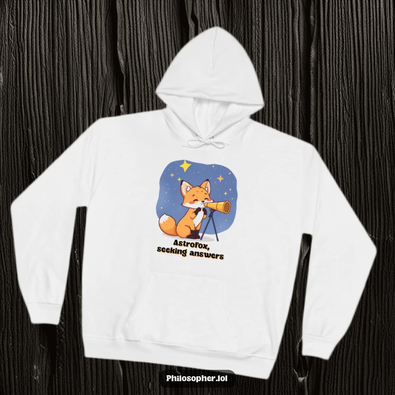 Funny Fox Hoodie: A curious fox uses a telescope to gaze at stars. This warm, humorous hoodie is perfect for a funny gift.