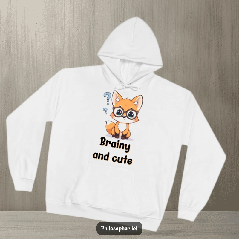 Funny hoodie featuring a curious fox cub wearing spectacles, deep in thought over a question mark, cozy and intellectually humorous.