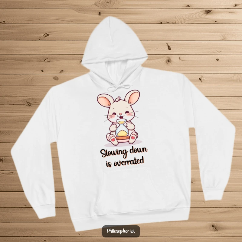 Funny Hoodie: Cozy sweatshirt with a bouncing bunny observing sand in an hourglass, capturing a moment of adorable, humorous focus.