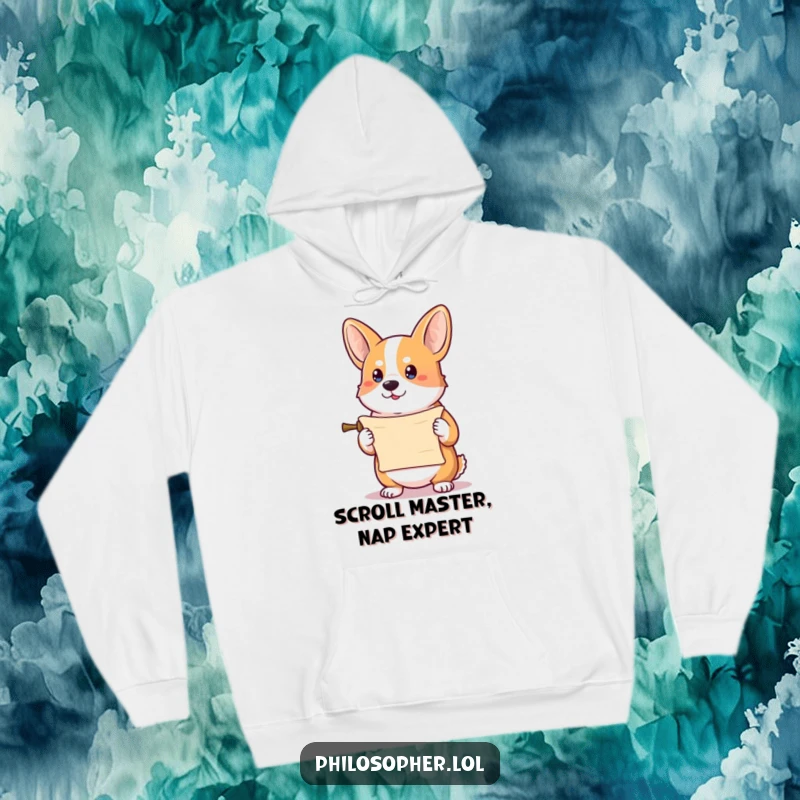 Funny corgi hoodie showing a determined corgi holding a tiny scroll, perfect for cozy, humorous moments.