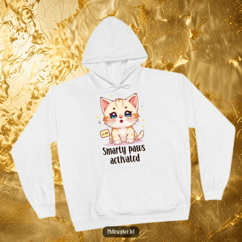 Funny kitten math equation hoodie, a happy kitten with starry eyes pondering a floating mathematical equation.