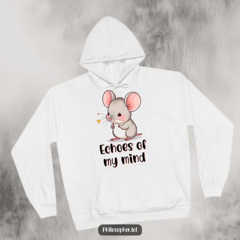 Funny hoodie with a shy mouse focused, listening intently to a tiny echo, offering warmth and quiet amusement.