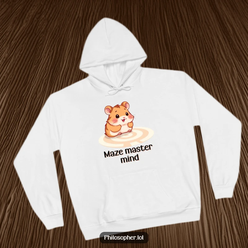 Funny hamster labyrinth hoodie: a soft hoodie with a smiling hamster pondering a maze, for cozy intellectual sessions.
