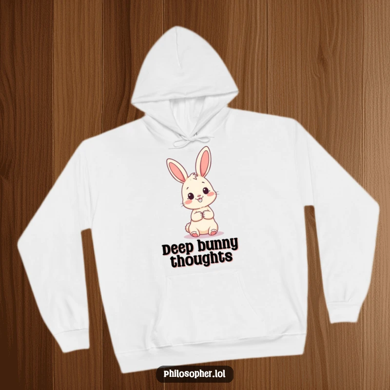Funny hoodie with a happy bunny looking thoughtfully at a giant question mark, representing curiosity and the joy of seeking answers.