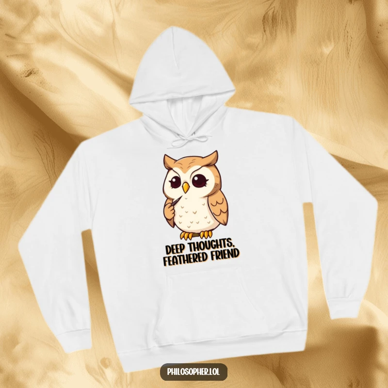 Funny Owl Hoodie: A determined owl strokes its chin, deep in thought. This humorous, warm hoodie is a great funny gift.