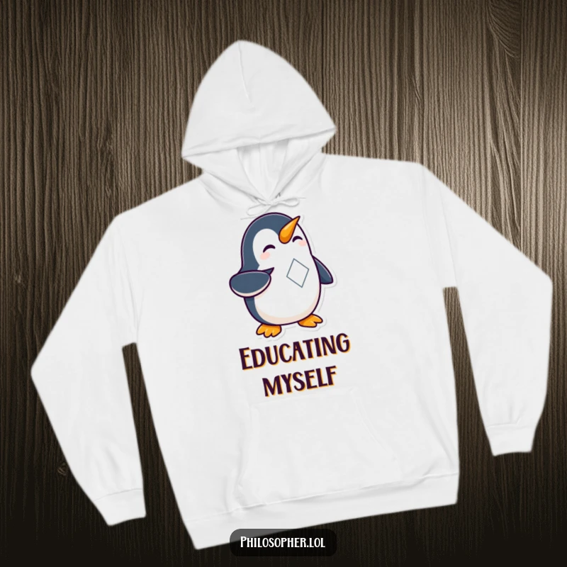 Funny Penguin Geometry Hoodie with a curious penguin engaged with a complex geometric design, offering warmth and wit.