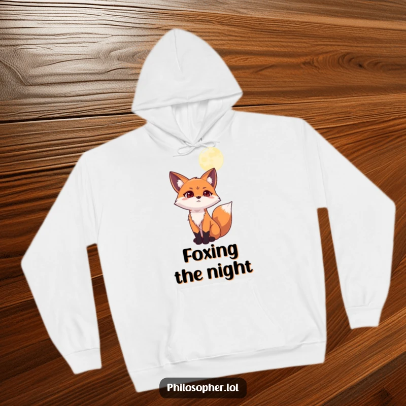 Funny hoodie featuring a determined fox staring at the moon, embodying deep, humorous contemplation and cozy nighttime vibes.