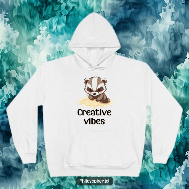 Funny badger hoodie showing a charming badger drawing intricate sand art, perfect for cozy creativity.
