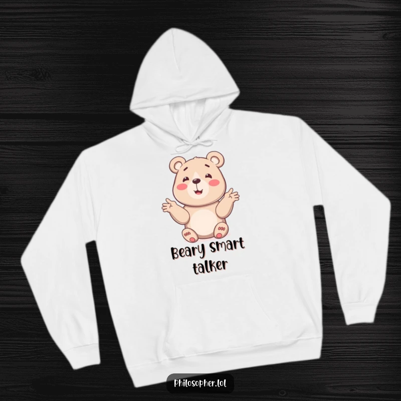 Funny bear hoodie showing a smiling bear using gestures to explain something, offering warmth and humorous understanding.