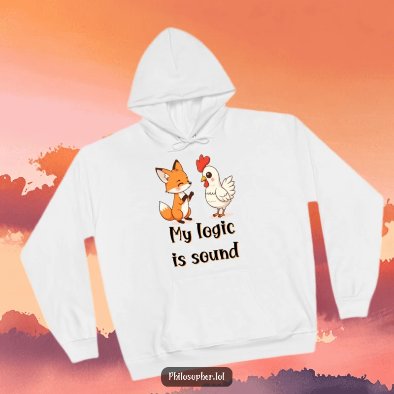 Funny hoodie depicting a fox in a heated, yet ridiculous, debate with a rubber chicken, bringing quirky humor and warmth to the wearer.