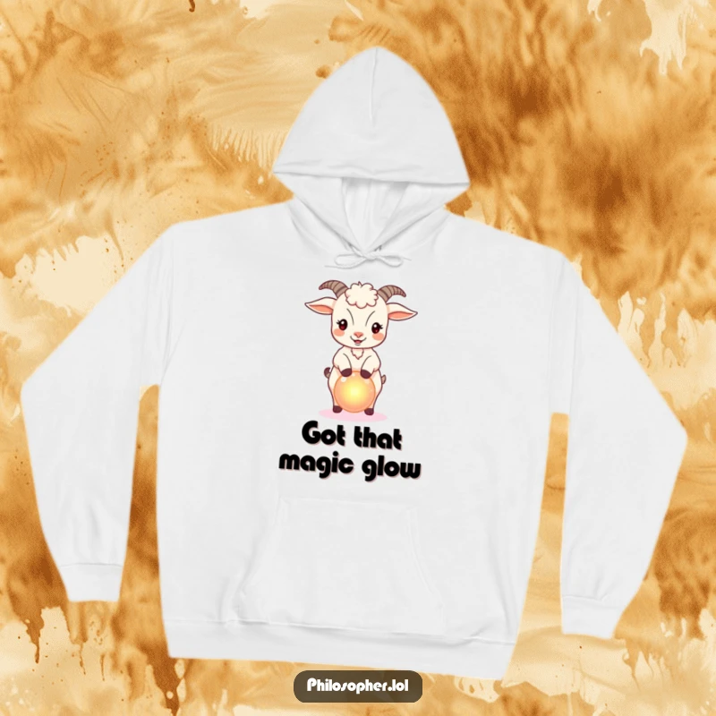 Funny hoodie with a bouncy goat balancing a small, glowing orb, perfect for cozy nights filled with wonder.