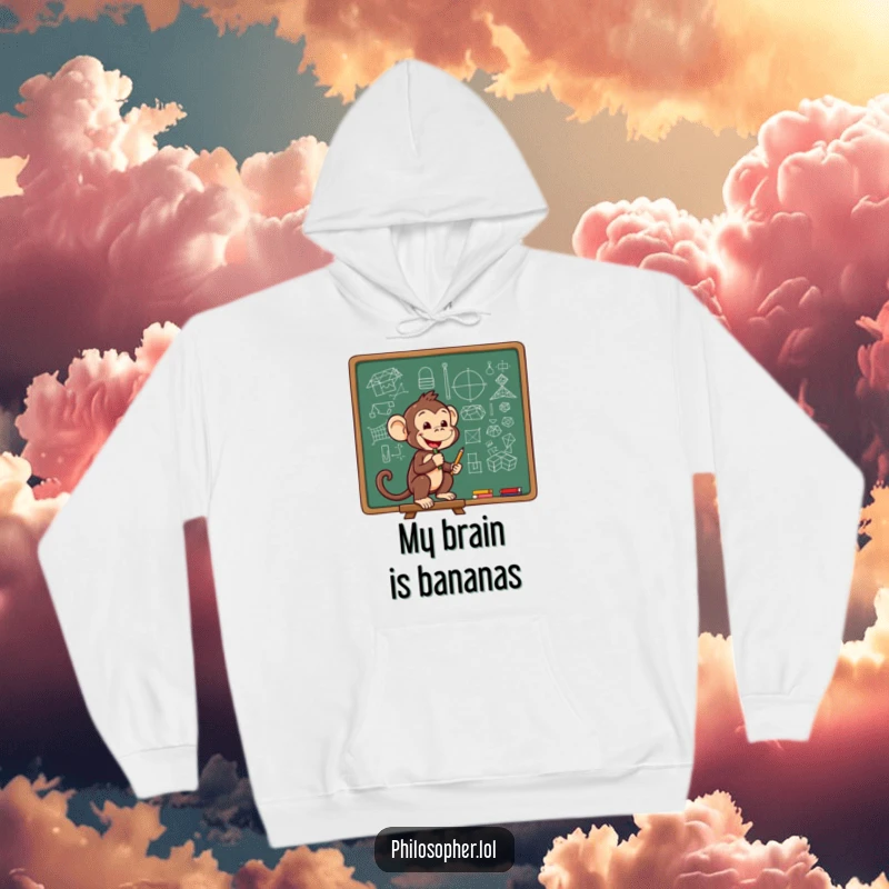 Funny hoodie with a cheerful monkey sketching complex diagrams on a chalkboard, perfect for cozy study sessions.