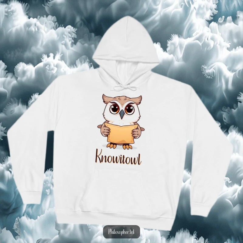 Funny owl holding scroll, cozy hooded sweatshirt, mysterious animal graphic, perfect funny gift.