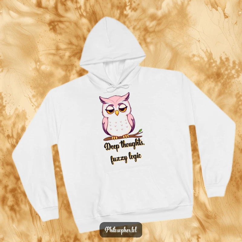 Funny hoodie with a thoughtful owl furrowing its brow and stroking its chin in contemplation.