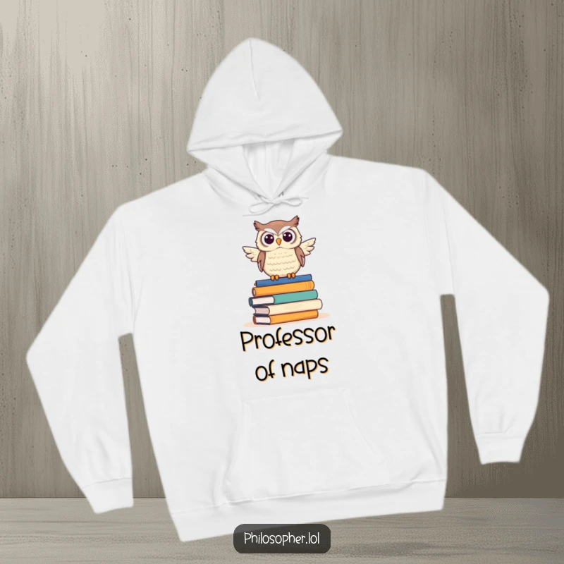 Funny owl in a cozy hoodie, proudly sitting on a heap of books, embodying a wise and humorous bookworm.