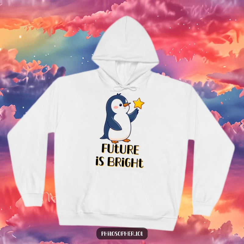 Funny penguin hoodie showing a wise bird pointing towards a star, ideal for cozy stargazing.