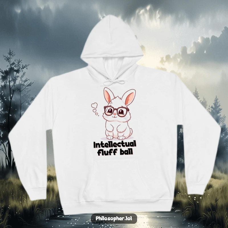 Funny rabbit with glasses in thought, cozy hooded sweatshirt, intellectual animal graphic, perfect funny gift.
