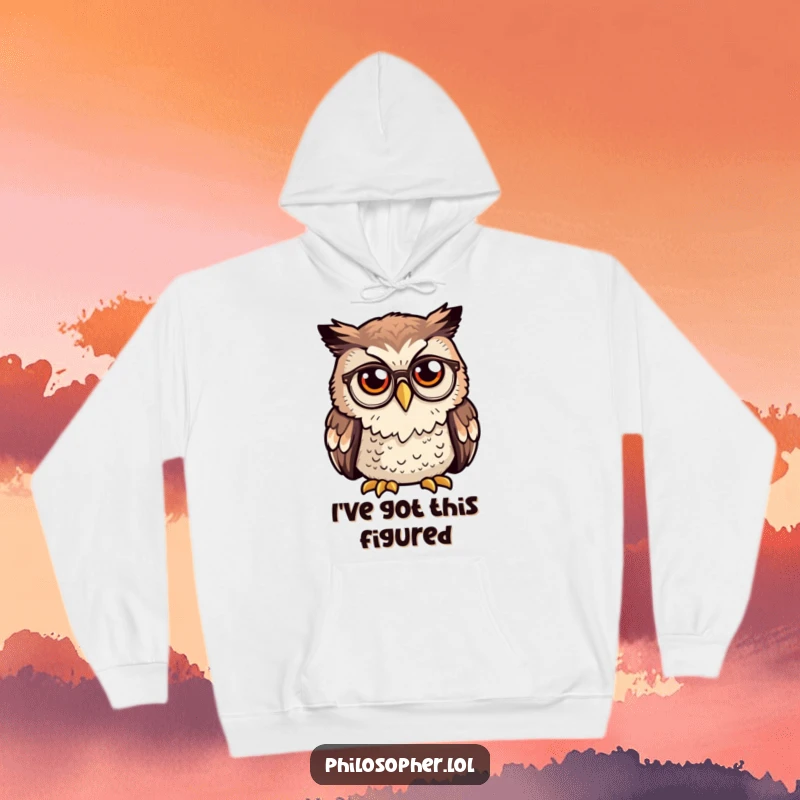Funny owl hoodie, curious owl with tiny spectacles deep in thought, cozy intellectual apparel, wise bird design.