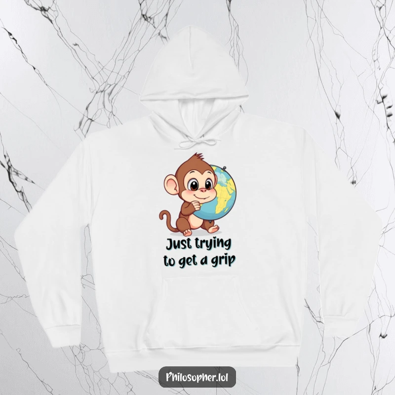Funny monkey hoodie, cozy, contemplating a spinning globe, thoughtful primate, warm and humorous apparel.