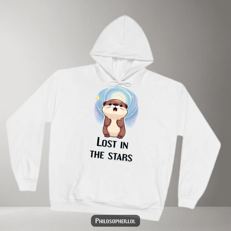 Funny hoodie print of an excited otter gazing at a galaxy, providing warmth and a touch of cosmic wonder.
