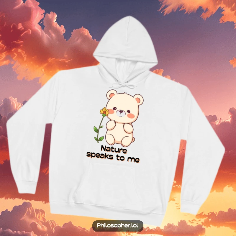 Funny bear hoodie, beaming bear appreciating a single flower, cozy woodland apparel, thoughtful animal design.