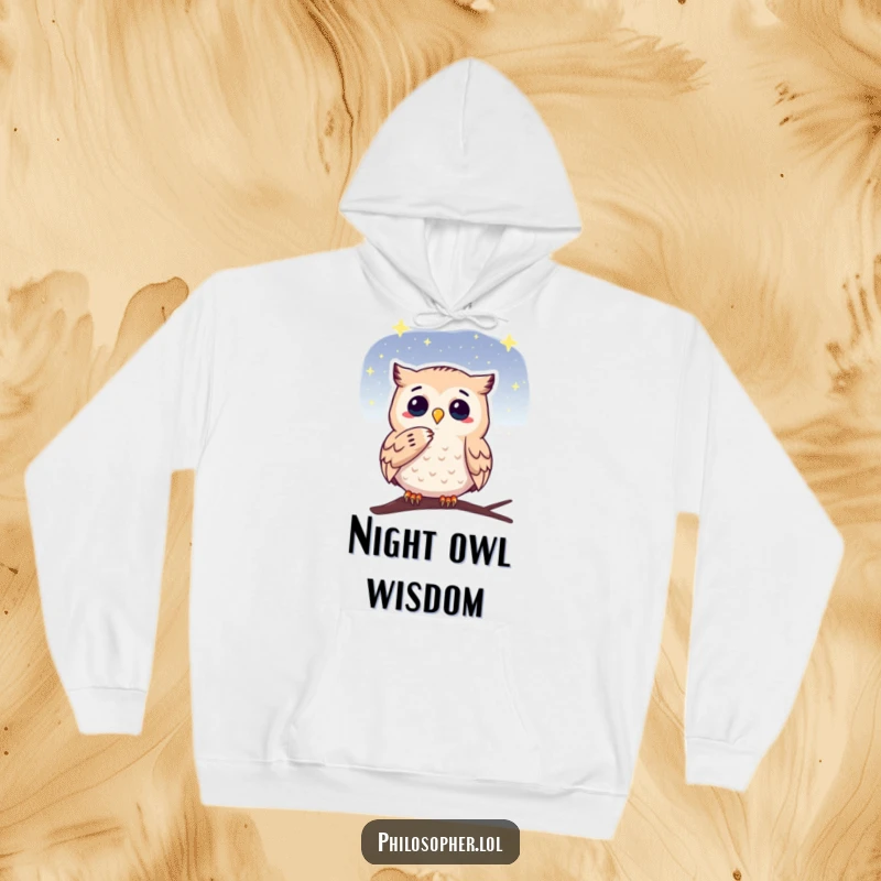 Funny hoodie featuring a thoughtful owl stroking its chin while observing a starry sky, providing cozy warmth and intellectual humor.