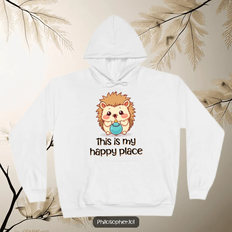 Funny hedgehog hoodie showing a cheerful hedgehog mesmerized by a spinning top, radiating thoughtful amusement and comfort.