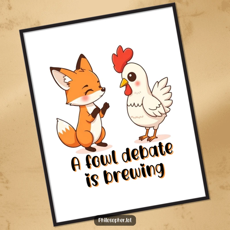 Funny Free Printable Wall Art of a fox engaged in a spirited debate with a silent, unamused rubber chicken.