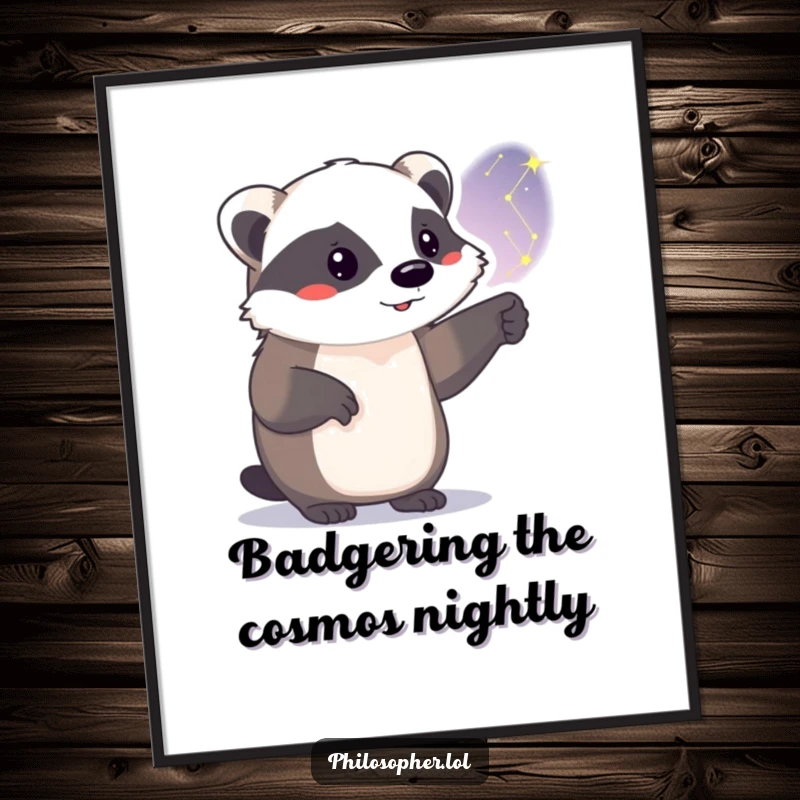 Funny Free Printable Wall Art: Proud badger pointing to a sparkling constellation, bringing celestial humor to your decor.