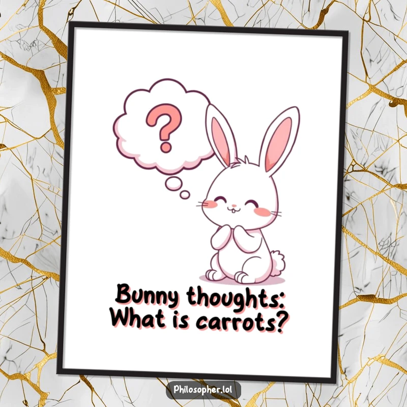 Funny free printable wall art of a cheerful bunny looking up at a giant question mark thought bubble. Quirky decor.