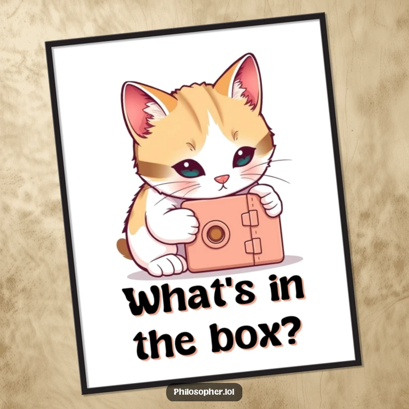 Funny Free Printable Cat Wall Art: A curious cat intently tries to unlock a tiny box, adding playful mystery to your decor.