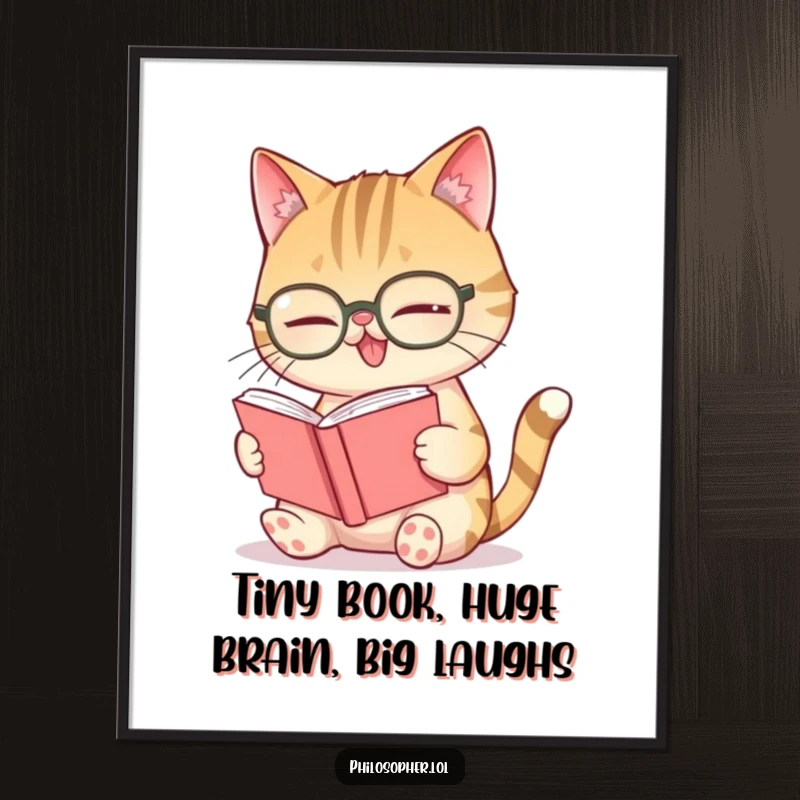 Funny free printable wall art of a giggling cat wearing spectacles and intensely reading a very small book. Intellectual decor.