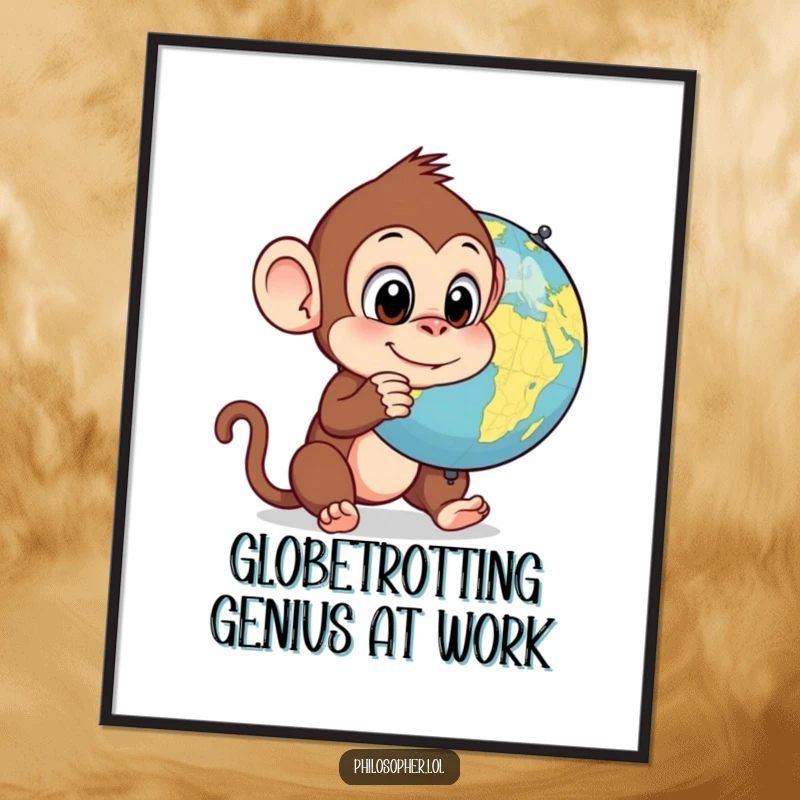 Funny Free Printable Wall Art: A silly monkey comically pondering a spinning globe, adding humor to any decor.