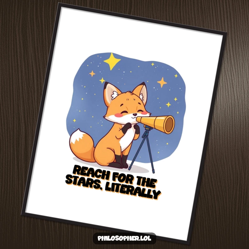 Funny Free Printable Wall Art: A curious fox gazes at the stars through a telescope, depicting wonder and space exploration.