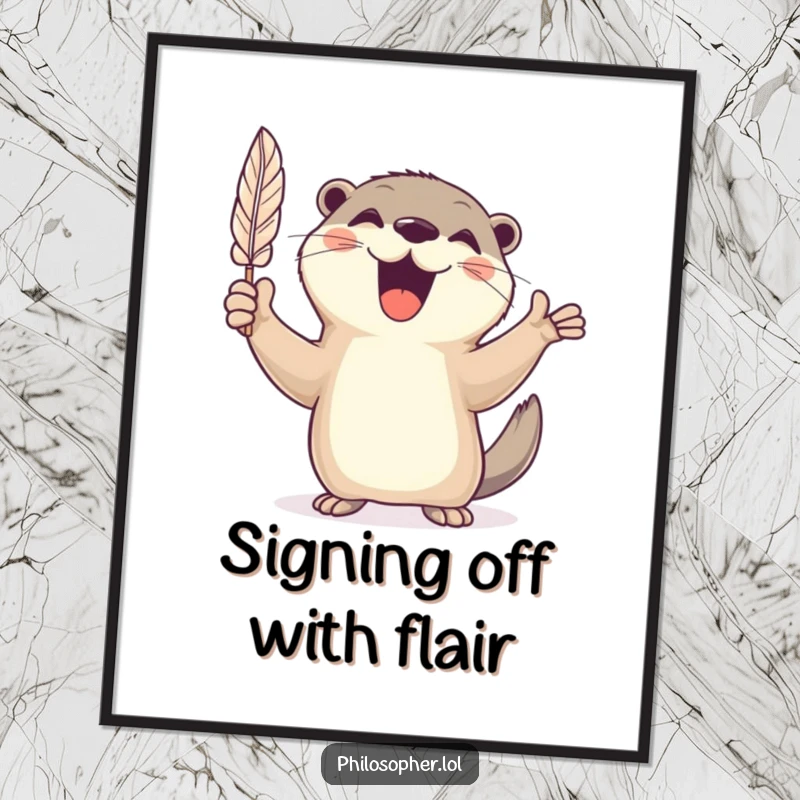 Funny Free Printable Wall Art: Cheerful otter animatedly gesturing with a feather quill, full of creative spirit.