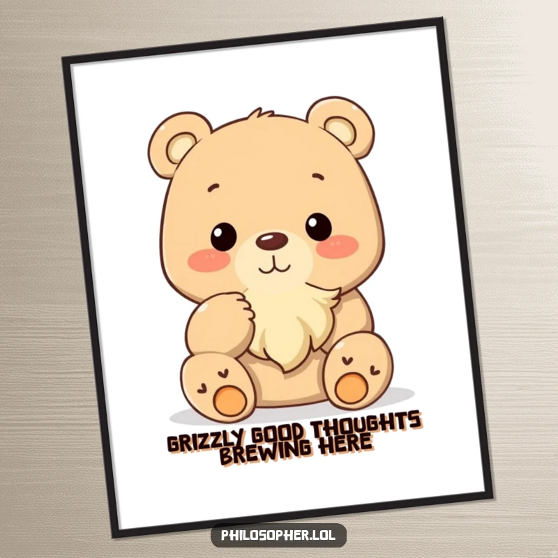 Funny Free Printable Wall Art: A happy bear with a tiny beard, stroking it in deep thought. Cozy wall decor.