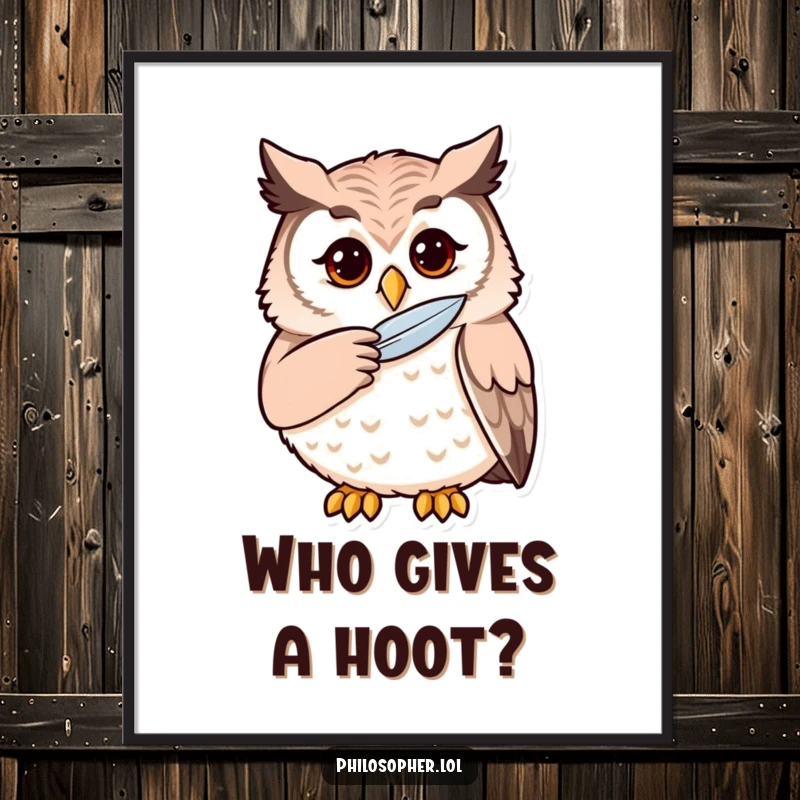 Funny Free Printable Wall Art: A wise owl stroking its chin with a feather, deep in thoughtful contemplation.