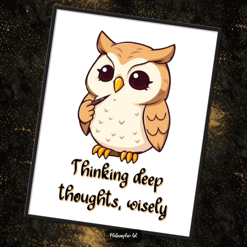 Funny Free Printable Wall Art: A determined owl strokes its chin thoughtfully, embodying wisdom and a humorous, introspective mood.