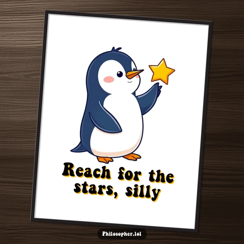 Funny Free Printable Wall Art of a wise penguin elegantly pointing at a distant star with a knowing expression.