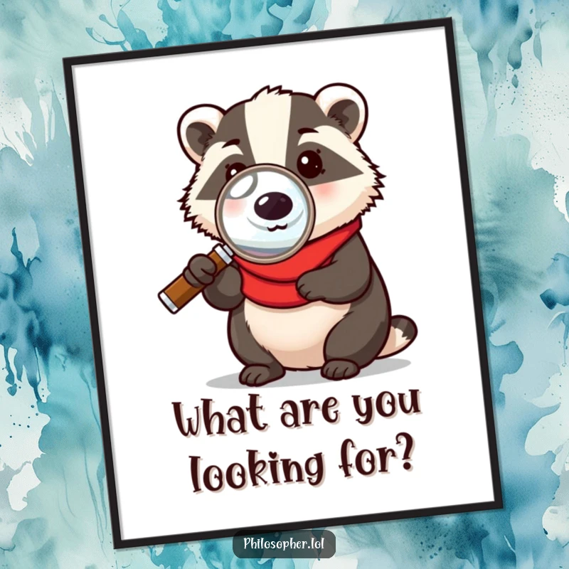 Funny Free Printable Wall Art featuring a thoughtful badger holding a magnifying glass, contemplating life's mysteries with mirth.