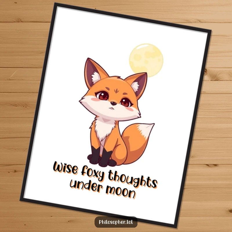 Funny Free Printable Wall Art of a determined fox gazing intently at the moon with a profound expression of deep contemplation.