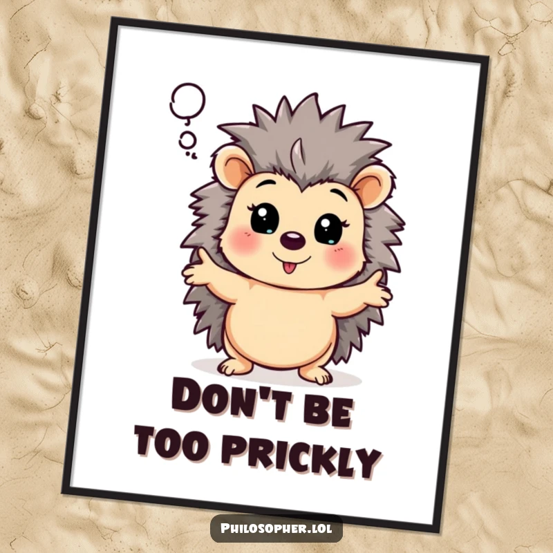 Funny Free Printable Wall Art: Hedgehog dramatically gestures while sharing profound thoughts, humorous downloadable decor.