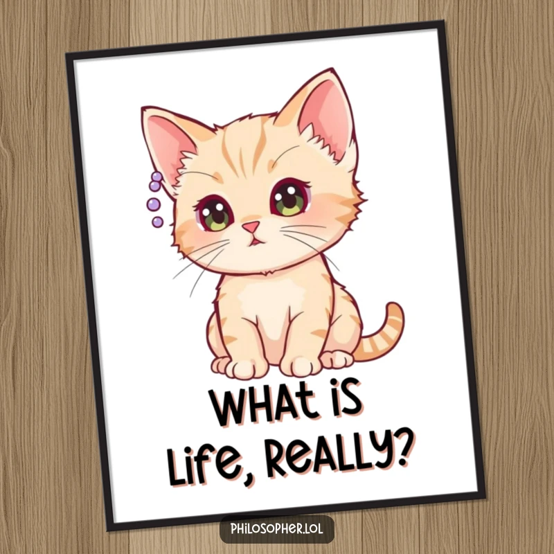 Funny Free Printable Wall Art: A kitten thoughtfully stares at a floating question mark, humorous downloadable decor.